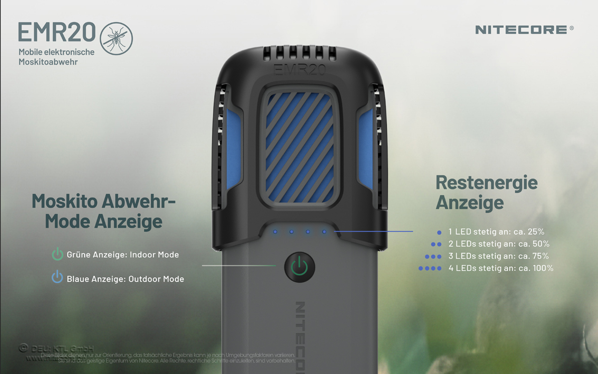 Darstellung der 4 Stufen Energieanzeige (25%, 50%, 75%, 100%) des Nitecore EMR20 Mückenabwehrgeräts