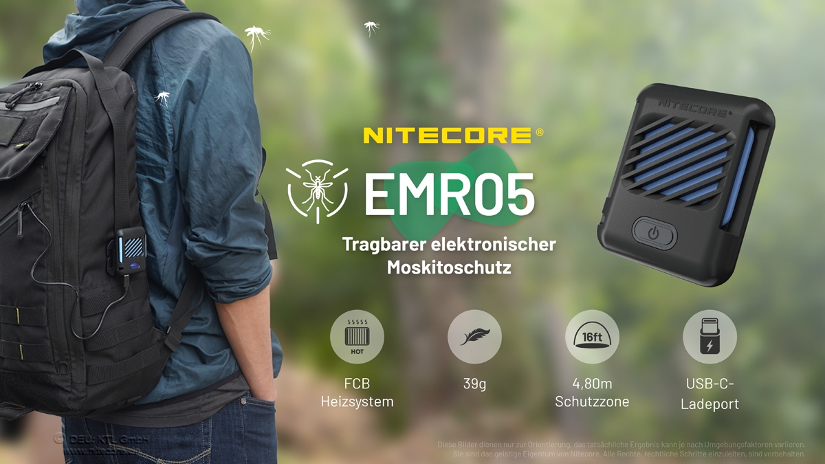 Fakten zum Nitecore EMR05 Mückenabwehrgerät, einschließlich Gewicht und USB-C-Anschluss