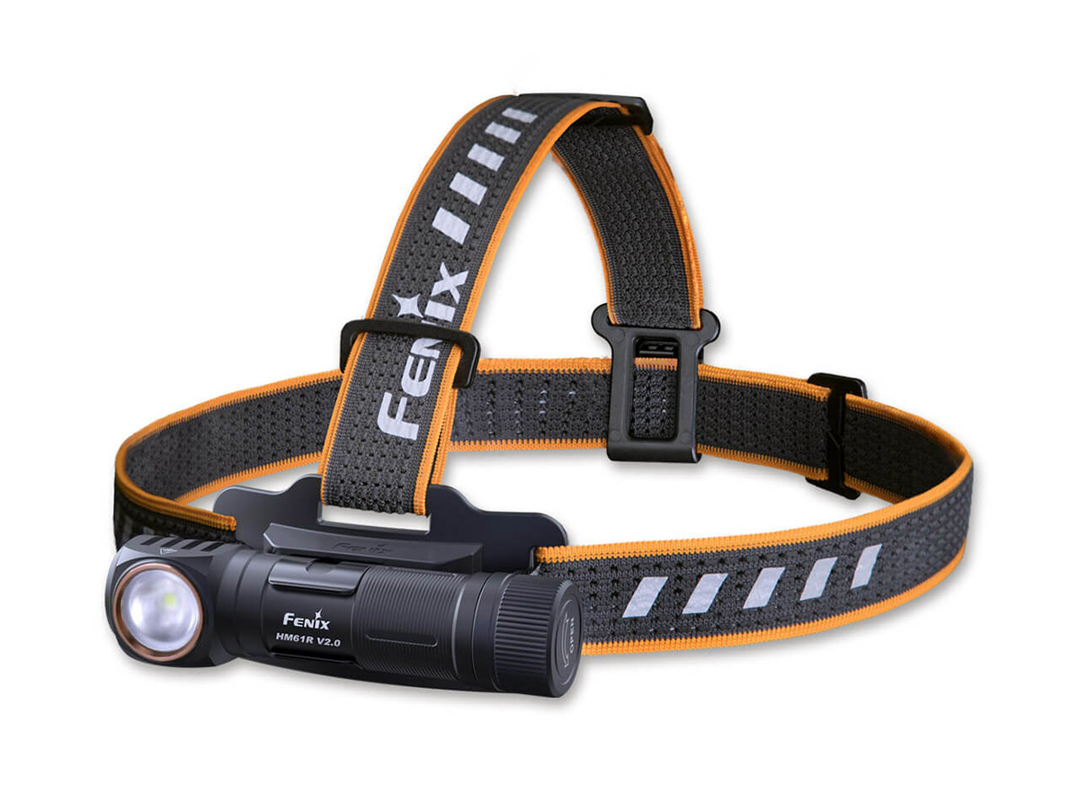 Frontansicht der Fenix HM61R V2.0 Stirnlampe mit 1600 Lumen Lichtleistung in schwarz